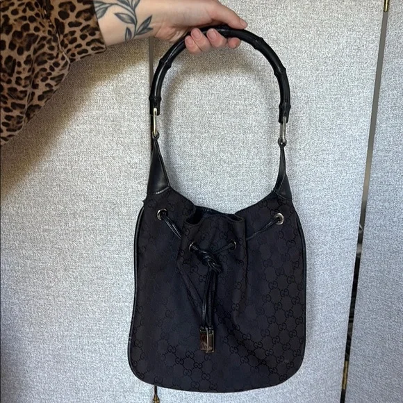 Gucci Black Bamboo Monogram Shoulder Bag - Picture 1 of 13